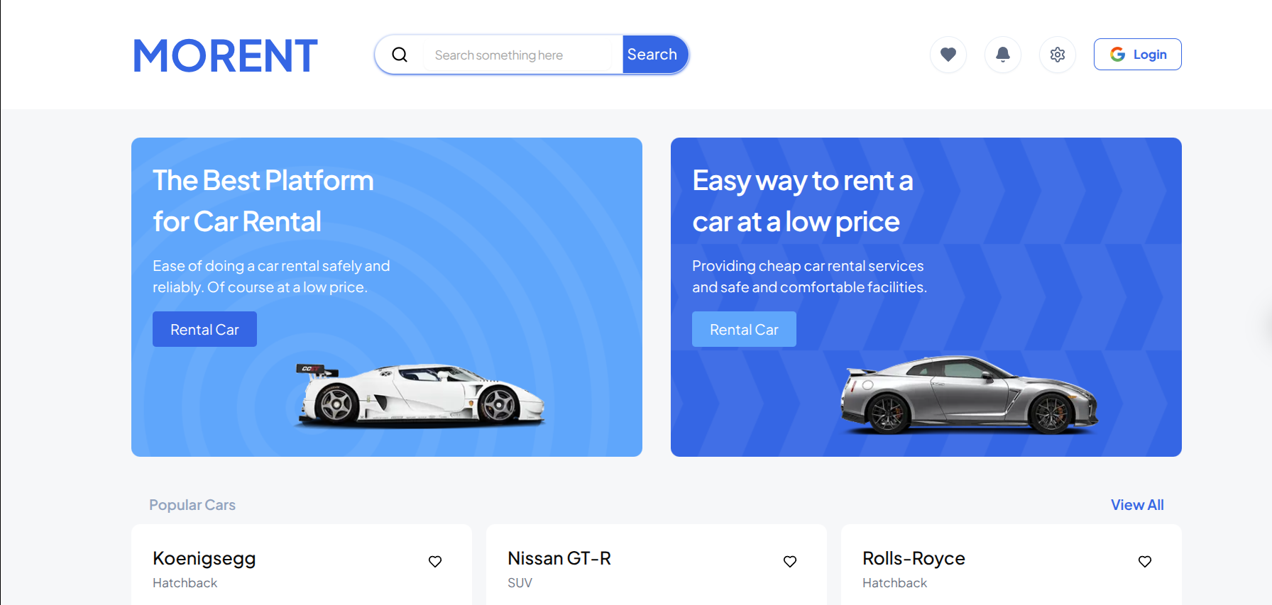 morent car rental web app home page with vehicle search and listings