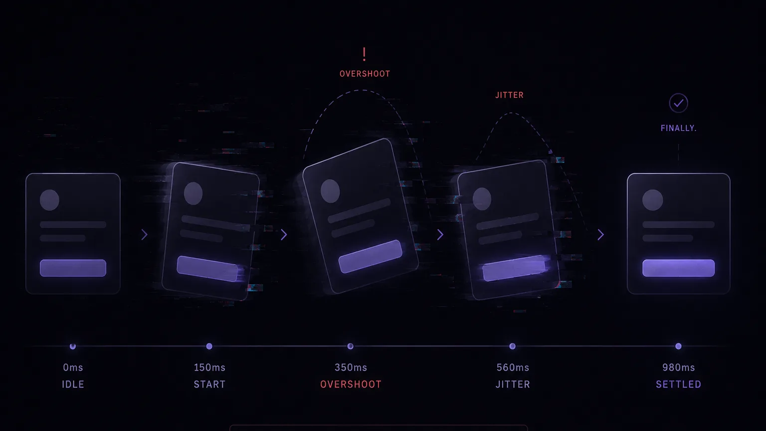 A UI card animating through idle, start, overshoot and jitter before finally settling at 980ms